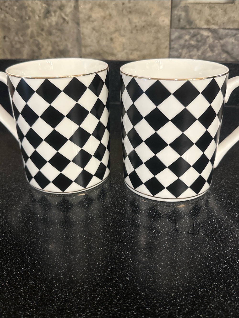 Quadri Black and White Checkered Porcelain Mugs - Set of 2